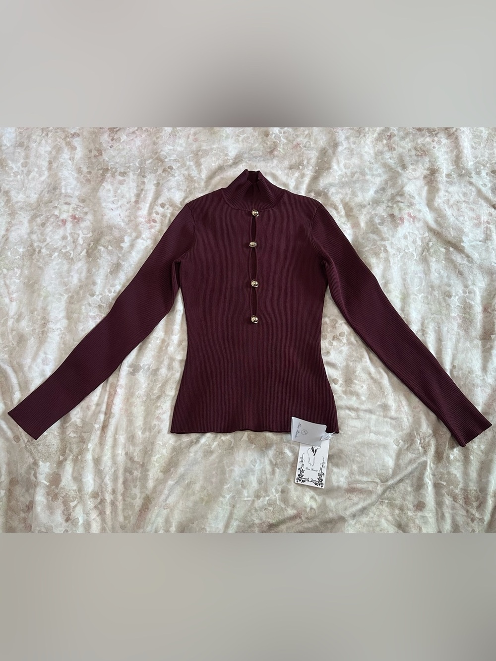 Mock Neck Ribbed Long-Sleeve Top with Gold Buttons in Burgundy
